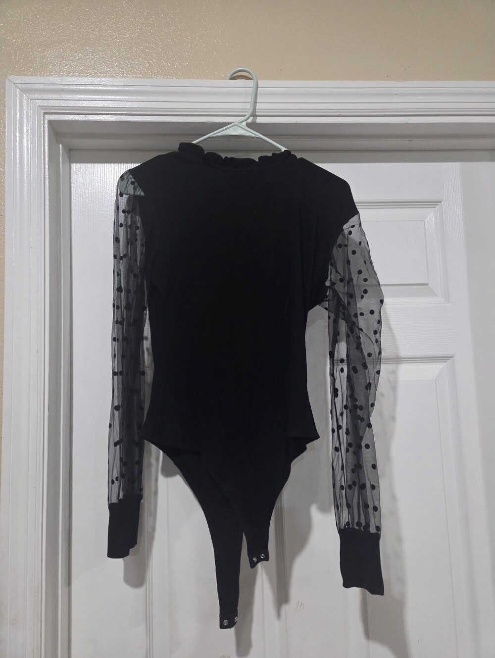 Black Polka Dot Mesh Sleeve Bodysuit - Women’s Top